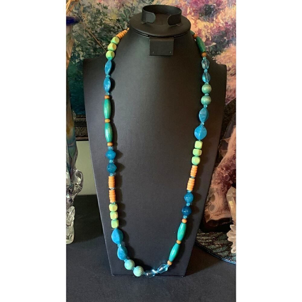 Vintage Multishape Teal Bead Necklace, Unmarked